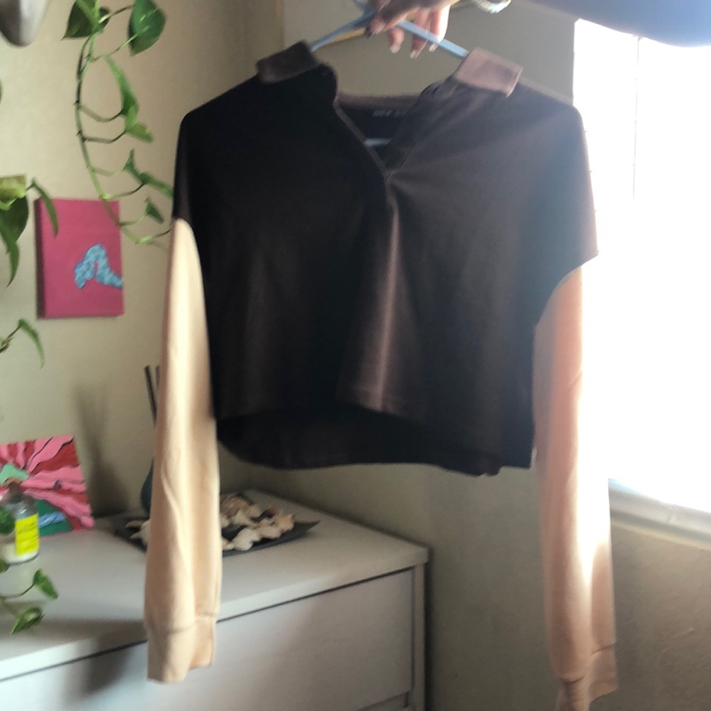 Brown button down long sleeve crop top